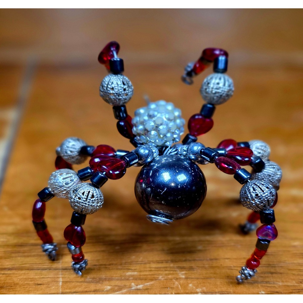Handcrafted Beaded Spider Figurine Red Black Silver Gothic Halloween Decor